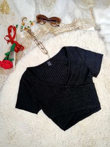 Ribbed Black Wrap Crop Top