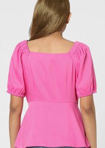 Pink Puff Sleeve Button-Up Top
