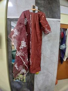 Elegant Brown Kurta Set with White Embroidery