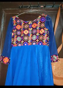Blue Embroidered Anarkali Gown and bag