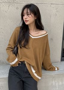 Cozy Brown V-Neck Sweater with Striped Trim