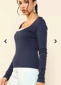 Navy Blue Lace Trim Long Sleeve Top