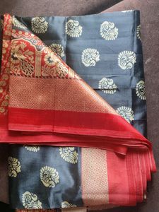 Poly Silk Black Saree With Red Corner