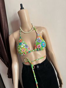 Retro Floral Print Triangle Bikini Top (30-32 bust