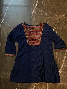 Navy Blue Embroidered Short Kurta
