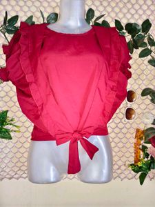 Chic Red Tie-Front Ruffle Top