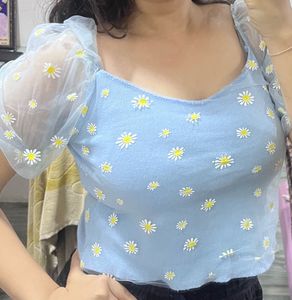 Cute Daisy Print Puff Sleeve Top