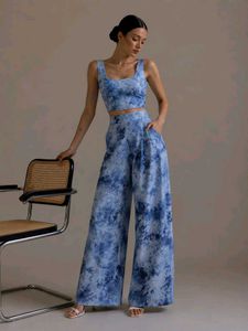 Blue Tie-Dye Crop Top & Wide Leg Pants Set