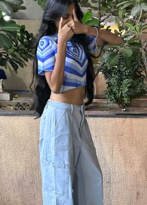 Blue Heart Print Cropped T-Shirt