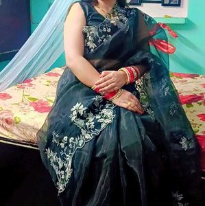Elegant Black Embroidered Organza Saree