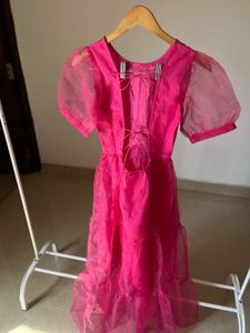 Fuchsia Pink Tiered Puff Sleeves Midi Dress