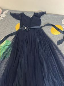 Navy Blue Tulle Gown with Bow