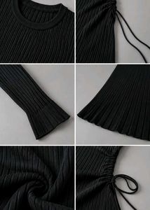 BLACK RIBBED TIE-WAIST MIDI DRESS