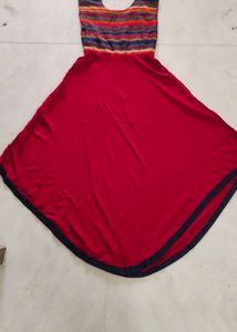 Red Flared Dress with Striped Yoke