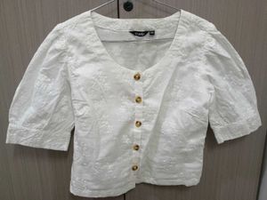 Zudio White Embroidered Puff Sleeve Top