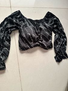 Black Satin Script Print Crop Top