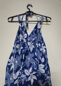 Blue Floral Halter Neck Dress