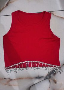 Red Crop Top with Rhinestone Fringe