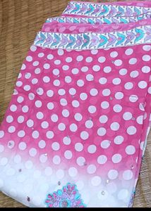 Pink Polka Dot Saree with Embellished Border