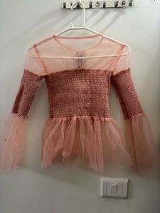 Miss More Sheer Mesh Smocked Top
