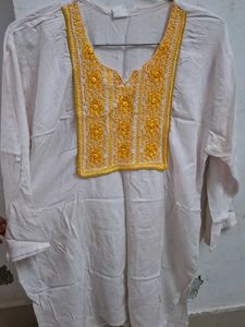 Elegant White Kurta with Yellow Embroidery