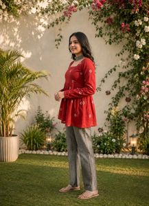 Red Printed Cotton Kurta_M