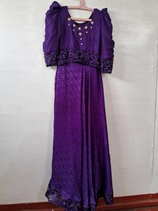 Elegant Purple Brocade Gown with Gold Accents