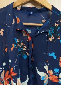 Navy Blue Floral Print Long Sleeve Top