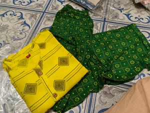 Yellow & Green Printed Kurta Set