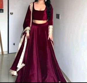 Maroon Velvet Lehenga Choli with Dupatta
