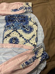 Pink &amp; Blue Striped Oversized Casual Shirt with Em