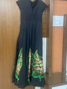 Black raw silk Gown with Green Leaf Print