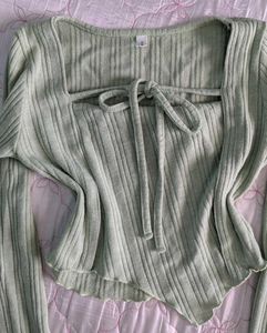 Ribbed Square Neck Tie-Front Top