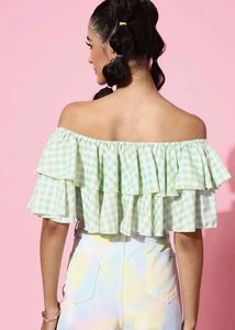 Chic Gingham Off-Shoulder Ruffle Crop Top