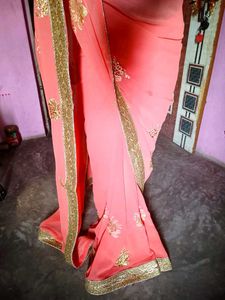Beautiful Orange Embroidered Saree &amp; ready blouse