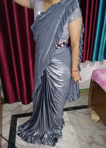 Silver And Grey Colour Ready To Wear Saree