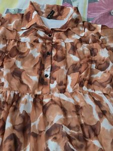 Brown Watercolor Frill Dress with Belt