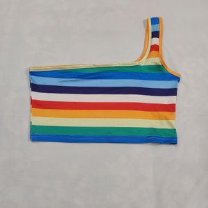 Rainbow Stripe One-Shoulder Crop Top