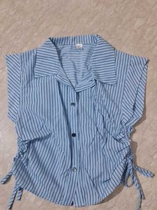Blue Striped Ruched Button-Up Top