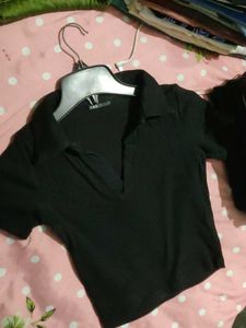 Zara Black Polo Neck crop Tee