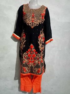 Embroidered Black &amp; Orange Salwar Kameez