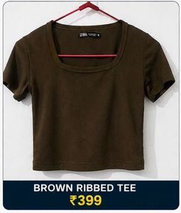 Zara Brown Ribbed Square Neck Tee