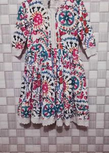 Vibrant Floral Print Kurta Frock with Lace Trim