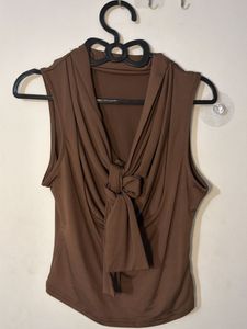 Brown Cowl Neck Sleeveless Top