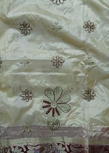 Cream &amp; Maroon Embroidered Silk Saree