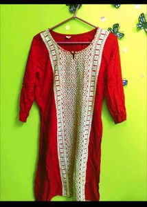 Red Kurta with White Lace Detail