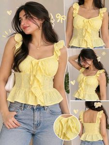 NEW Cute Yellow Gingham Ruffle Top