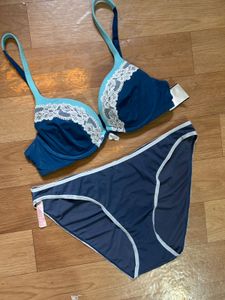 Blue Lace Trim Bra & Panty Set