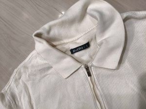 Cream Ribbed Zip Polo Top