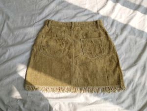 Tan Corduroy Mini Skirt with Fringe